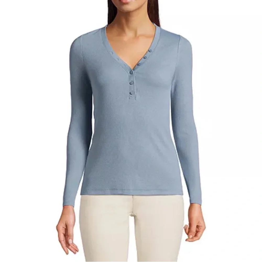 Lands' End Drapey Rib Skimming Long Sleeve Henley T-Shirt - Picture 1 of 7